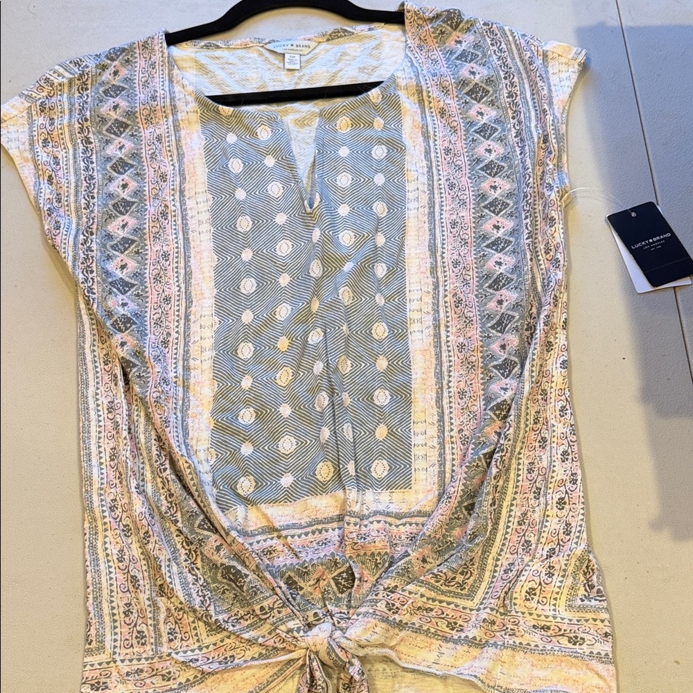Lucky Brand Lightweight Patterned Tie-Front Women's Top - Pastel Multi